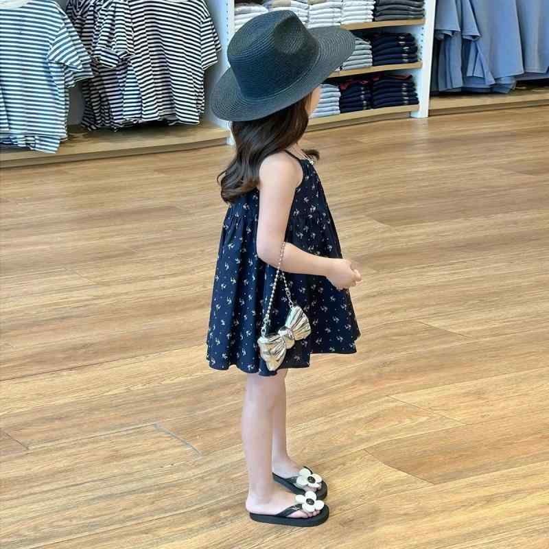 女の子 ワンピース 夏 吊り下げ 背心 スカート かわいい ネイビー ブルー 花柄 プリント クール 涼しい Aライン シルエット 韓国風 スタイル ウサギ毛 混紡 コットン ライク 柔らか 肌触り 軽量 通気性 速乾 素材 新生児 ベビー 女児 普段使