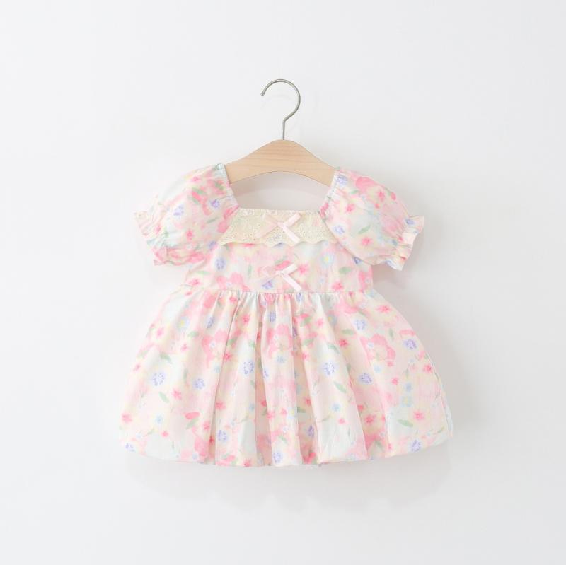 キッズ 女の子 ワンピース 子供 ドレス プリンセス スカート 夏 春夏 短袖 かわいい 碎花 ピンク系 綿混紡 柔らか素材 吸湿速乾 軽量 フレア スカート フレッシュ プリント インファント トッドラー ガールズ フェミニン スタイル ガーデンパーテ