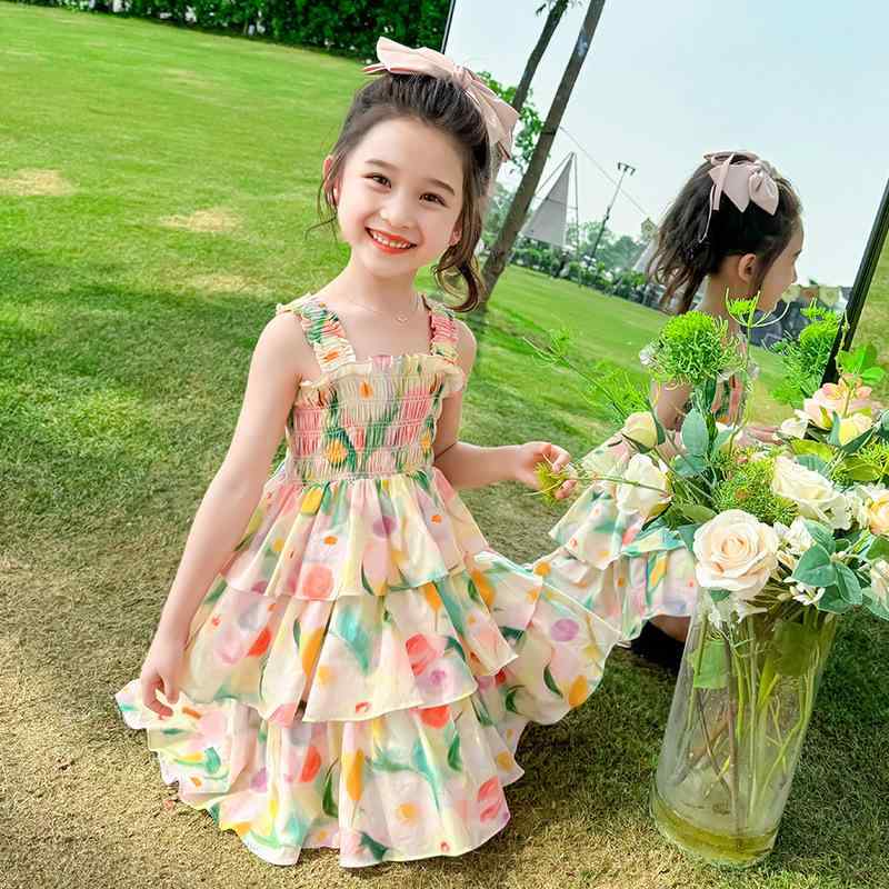 女児 ワンピース 吊り帯 夏 春夏 プリンセス スカート 子供服 かわいい 花柄 綿混紡 ポリエステル 柔らかい 生地 軽量 通気性 吸湿速乾 ビーチ 遊び着 3～8歳 中小児 100～140cm 画像色 女の子 夏服 フレア スカート ドレス