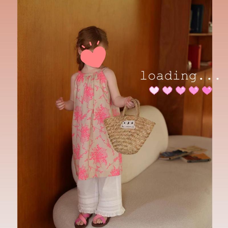 女の子 ワンピース 吊り帯 背心 スカート 子供服 女童 夏用 かわいい フラワープリント ピンク 綿素材 Aライン 軽量 通気性 吸湿速乾 3～8歳 100～140cm