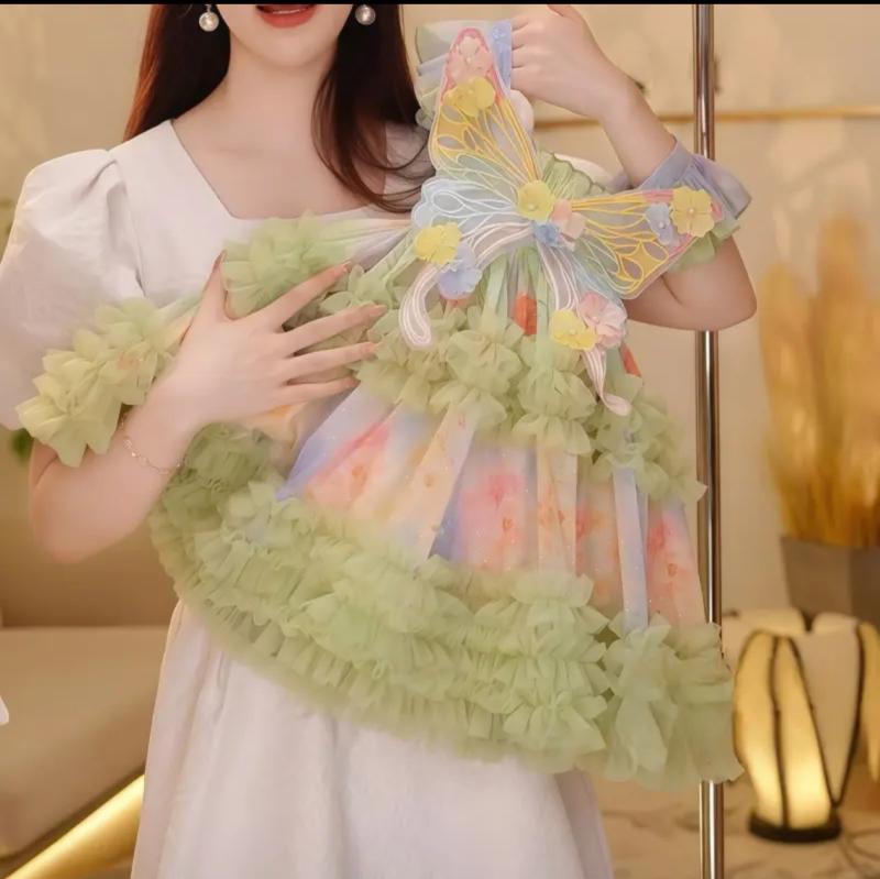 女の子 ワンピース 夏 春夏 子供 女児 3～8歳 プリンセス スカート 蓬蓬 チュール 蝶結び 吊り下げ 肩紐 フレア スカート フレア プリンセス スカート 綿混紡 ポリエステル 混紡 接触冷感 軽量 吸湿速乾 伸縮性 フラワー 柄 グリーン 緑 緑