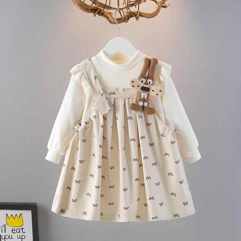 女児 秋 ワンピース セット 綿 プリンセス フレア スカート かわいい 花柄 アイボリー 中小児 3-8歳 通学 普段使い 軽量 吸湿速乾 伸縮性 ビッグシルエット 秋冬 ラウンドネック 半袖 膝丈 フレアシルエット セットアップ 姫服 子供服 女の子