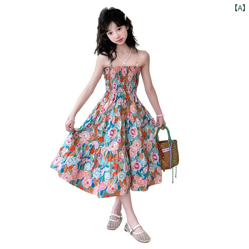 女の子 ワンピース 吊り紐 花柄 Aライン 綿素材 夏 春夏 かわいい 無袖 ロング丈 小柄対応 ゆったりシルエット 吸湿速乾 軽量 日常遊び用 ビーチ 休日 リラックス ピンク系 アイボリー 花柄 子供服 トップス スカート ドレス コットン ソフトタ