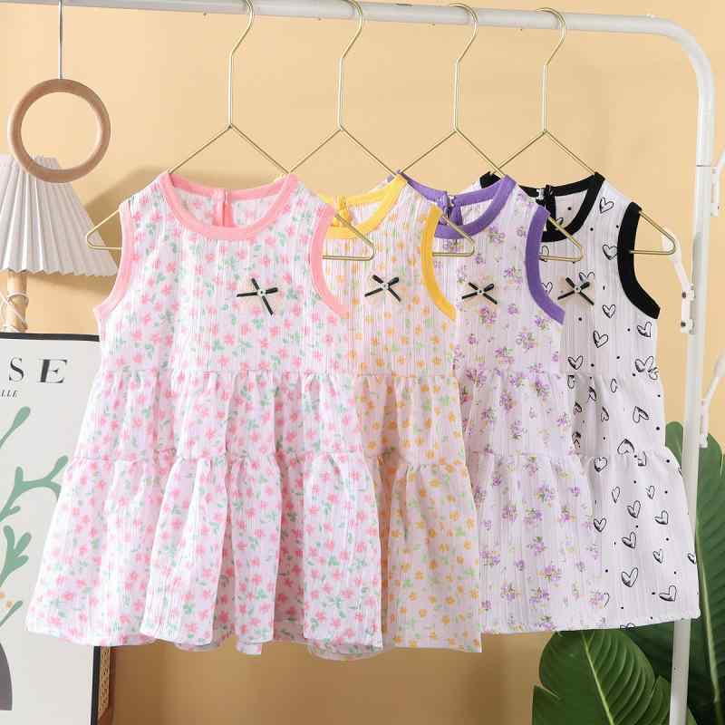女の子 ワンピース プリント柄 夏服 涼しい ポリエステル バイアスプレーツ スカート フレア かわいい プリンセス スタイル フレッシュ デザイン フレッシュ カラーリング ピンク イエロー ブラック フラワープリント 軽量 通気性 速乾 女児 夏用