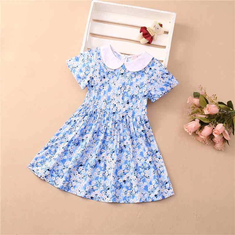 女の子 ワンピース 夏 子供服 かわいい プリンセススカート 短袖 綿 再生繊維 接触冷感 軽量 吸湿速乾 田園 スタイル ブルー ホワイト フラワー プリント 3～8歳 100～140cm フレア スカート ガーリー 普段使い 通学 遊び着 伸縮性 ソ