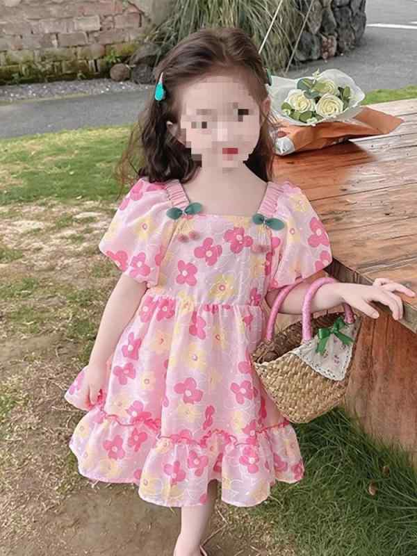 女児 吊り帯 スカート 背心 スカート キッズ 女の子 かわいい レース 花柄 プリンセス ドレス 淑女風 中長 ワンピース Aライン スカート 夏 ピンク 純綿 裏地 接触冷感 軽量 吸湿速乾 伸縮性 通気性 子供 普段使い 女童 プリンセス スカート