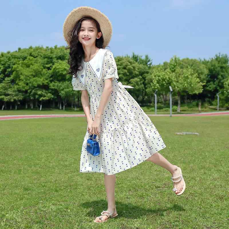 女児 ワンピース キッズ 女の子 夏用 泡泡袖 フラワー柄 プリンセスドレス かわいい 愛情モチーフ 切り替えデザイン 短袖 Aライン スカート 緑 ブルー ポリエステル 100% 軽量 通気性 吸湿速乾 かわいいカジュアル 日常使い 120cm 130