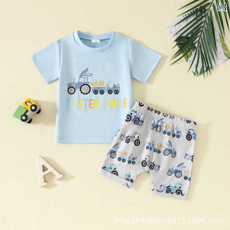 男児服 ベビー 子供 春夏 トップス 短袖 Tシャツ 丸首 綿 柔らかい 動物柄 かわいい 短パン セット 2点組 軽量 吸湿速乾 ライトブルー ベージュ ホワイト 3-6ヶ月 6-12ヶ月 12-18ヶ月 18-24ヶ月 2-3歳