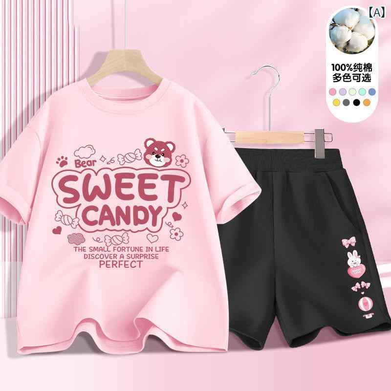 女児 夏服 短袖 セットアップ かわいい カードプリント 綿 薄手 紫 ピンク グリーン トップス ショーツ 2点セット スポーツスタイル 日常使い 軽量 吸湿速乾 8歳以上 中大児