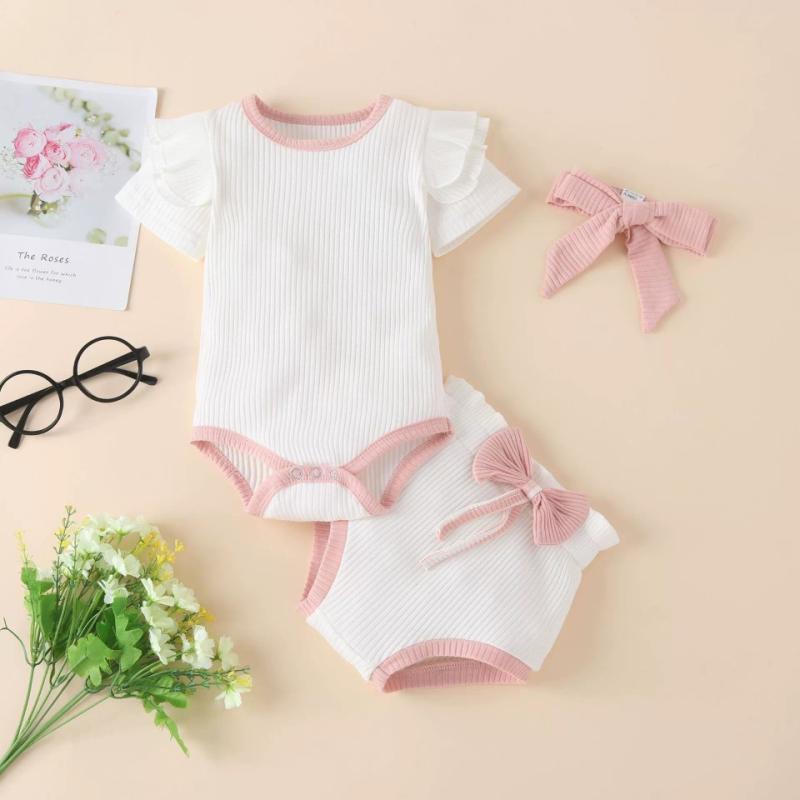 女の子 ベビー 子供服 夏用 3点セット 短袖 トップス ピットストライプ 綿素材 吸...