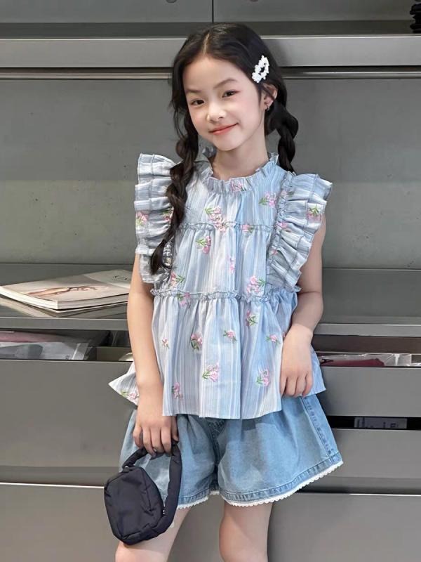 女児 トップス ショートパンツ セット 夏用 子供服 女の子 ノースリーブ 薄手 再生繊維 柔らかい素材 蝶結び デザイン かわいい 韓風 スカート風 セット 120cm 130cm 140cm 150cm 160cm 170cm 対応 通気性 軽量 日