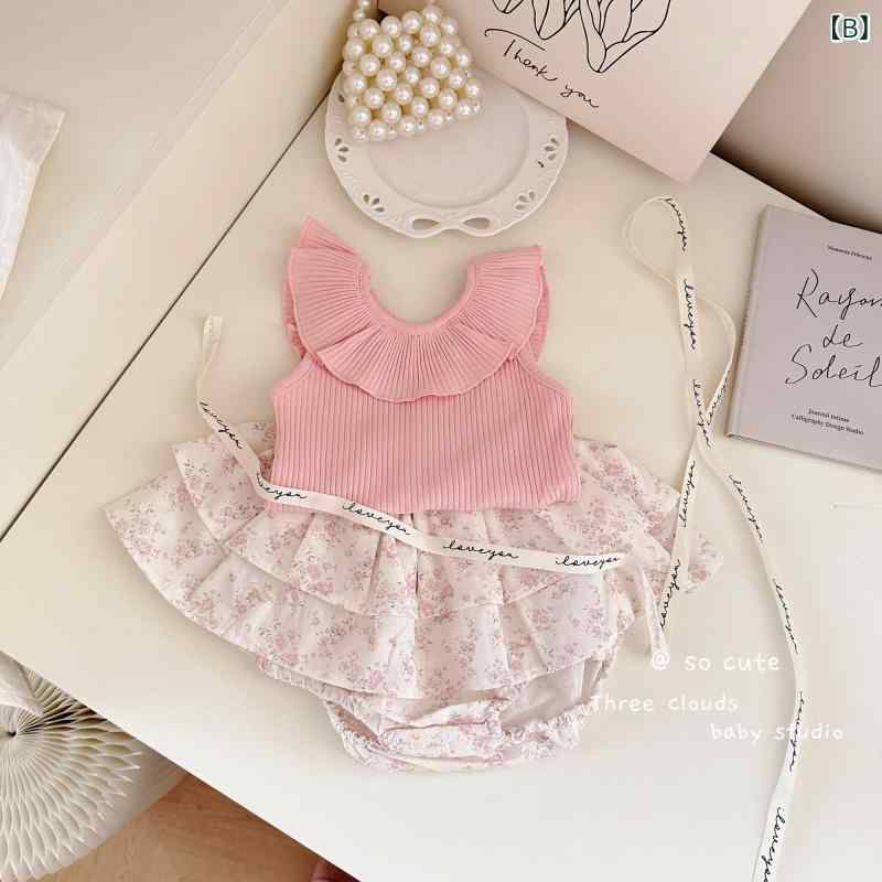 ベビー 女の子 春夏 綿 薄手 無袖 フレア トップス ショートパンツ セット かわい...
