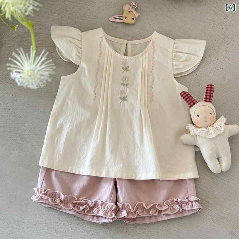ベビー女の子 夏用 綿100% 柔らかい Tシャツ ショートパンツ セット 無袖 薄手 純...