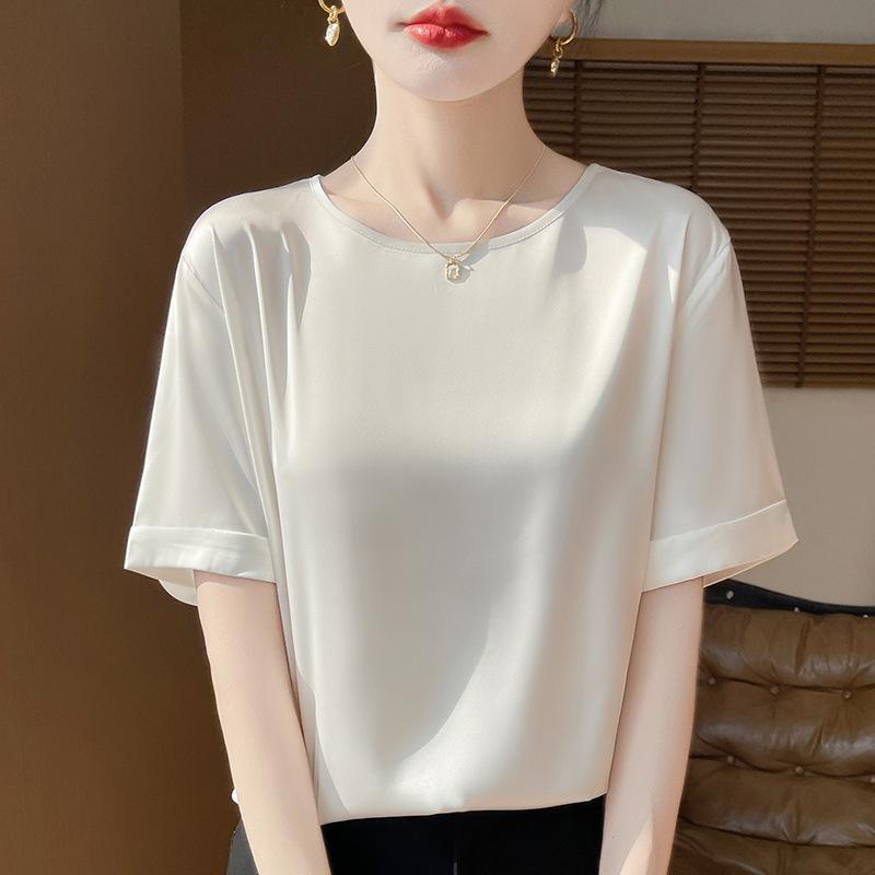 Tシャツ 女性用 春夏 丸首 接触冷感 短袖 トップス 通勤 かわいい シルク調 再生繊維 普通丈 セットインスリーブ ホワイト ブラック レッド イエロー シャンパン シルバーグレー 桜色 ピンク ライトグレー 気質 スタイル