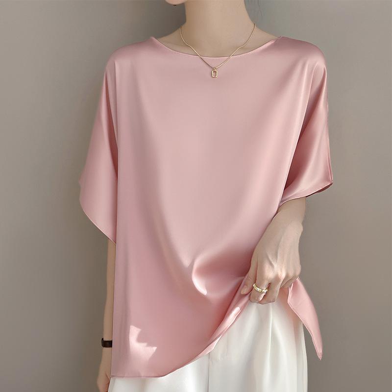 Tシャツ レディース 春夏 短袖 丸首 シルクサテン風 接触冷感 ポリエステル 切り替えデザイン ゆったりシルエット 気質 通勤用 知性風 モカ シャンパン 桜ピンク ホワイト ブラック インナー トップス 吸湿速乾 軽量