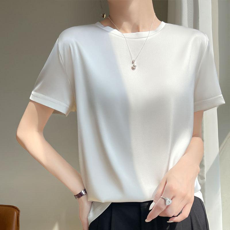 Tシャツ 女性用 春夏 ワイドシルエット ラウンドネック 短袖 トップス ニット インナー シャツ ポリエステル 無地 セットインスリーブ 切り替え ゆったり 気質 通勤 吸湿速乾 グレー ブラック ワインレッド ベージュ グリーン ゴールド ホワイト shadowtail-11029391 シャドーテール パッケージ画像