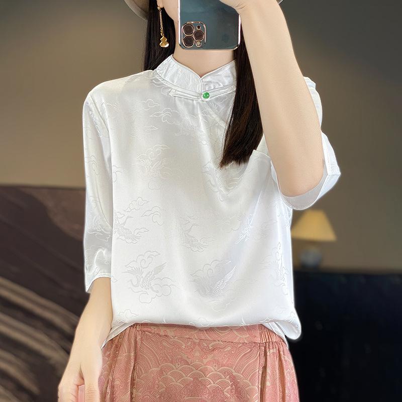 Tシャツ 女性用 春夏 立領 短丈 気質 ダークフラワー 大きいサイズ 五分袖 気質 通勤 セットアップ 綿ポリエステル ソリッドカラー プレスフラワー ホワイト シャンパン ピンク ブラック スタンダードフィット イージースタイル 軽量 通勤 普段使い