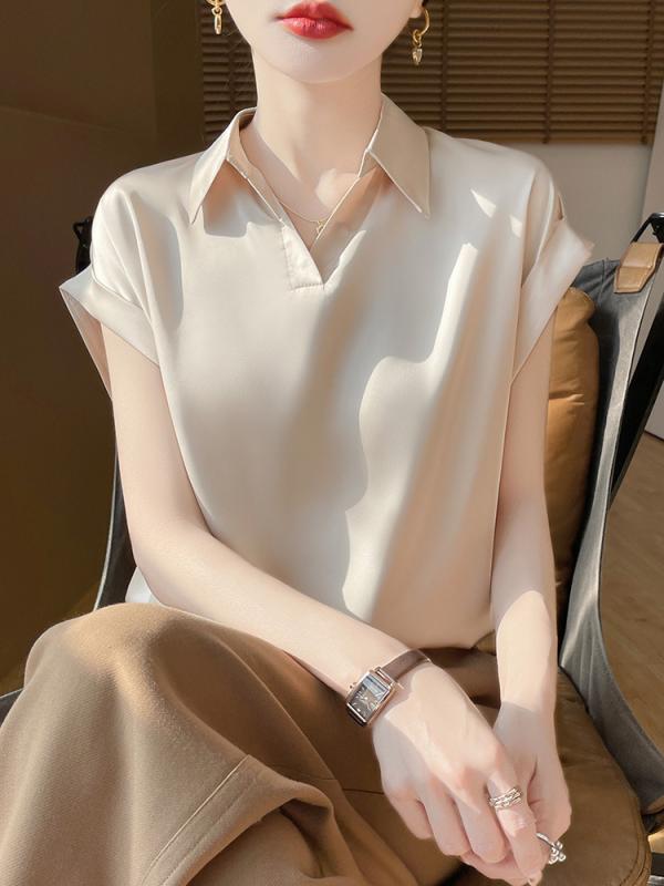 Tシャツ 女性用 春夏 桜花ピンク 香槟カラー ホワイト ルージュブラック 接触冷感 醋酸繊維 95% 以上 プルオーバー 半袖 ポロカラー 気質通勤 普段使い 軽量 滑らか 高級感 スタンダードフィット 普通丈 スリムシルエット 切り替えデザイン 吸湿