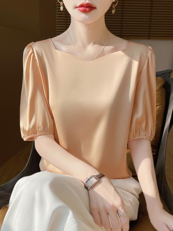 Tシャツ 女性用 春夏 接触冷感 醋酸繊維 光沢加工 ダイヤモンド方領 半袖 トップス 気質通勤 通勤スタイル 百搭 スリムフィット かわいい ピンク系 ベージュ系 ホワイト グリーン系 オレンジ系 グリーン ブラック 軽量 吸湿速乾 伸縮性 再生繊維