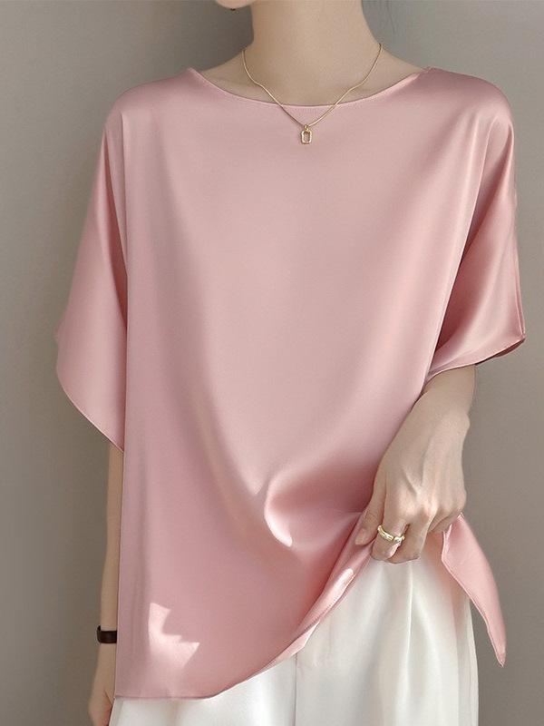 Tシャツ 女性用 春夏 短袖 丸首 シルクサテン 再生繊維 切り替え ワイドシルエット インナー 気質 通勤 普段使い 吸湿速乾 モカ シャンパン 桜ピンク ホワイト ブラック