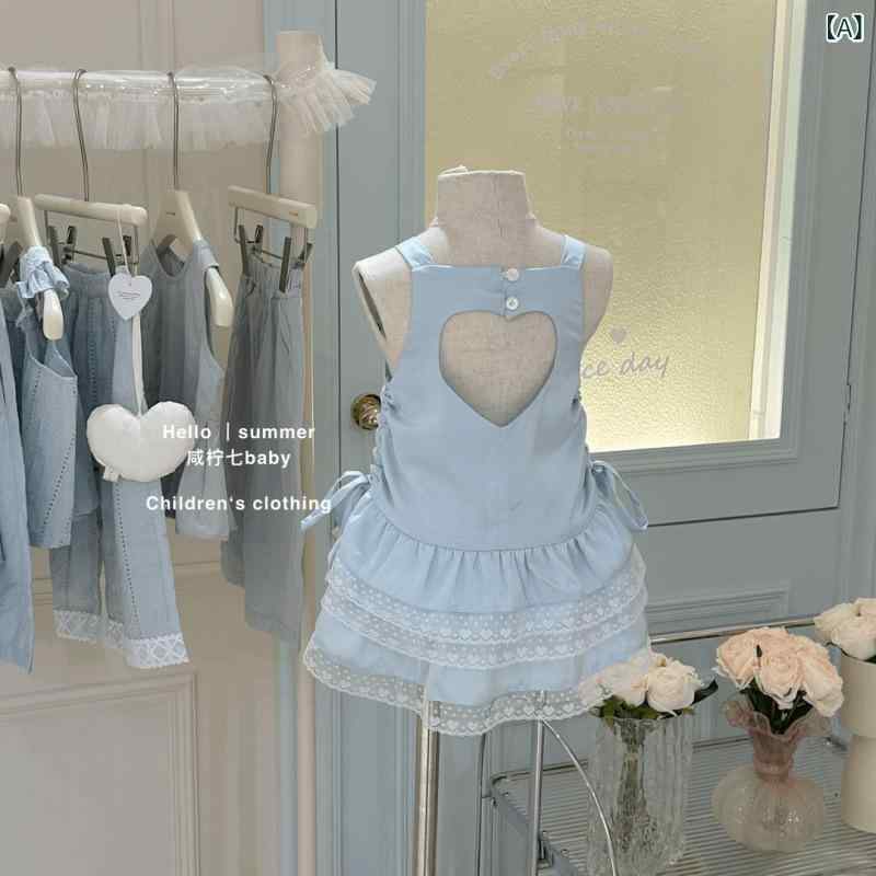 女児 ワンピース 春夏 子供 かわいい ハート柄 背中開き レース フリル 吊り帯 プリンセススカート 無袖 超短丈 純色 ヴィンテージ 綿混 ポリエステル 伸縮性 通気性 軽量 室内遊び 日常使い ピンク系 アイボリー