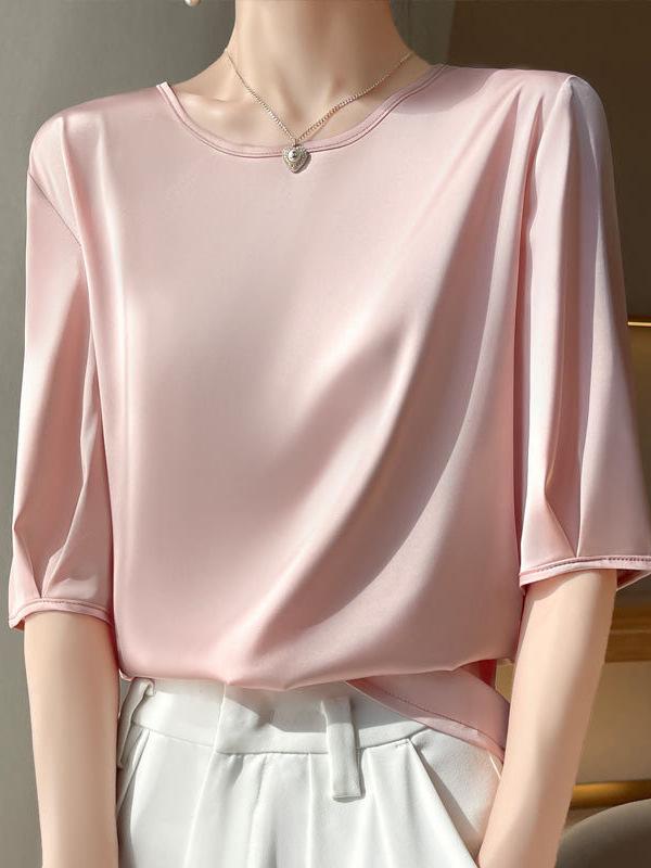 Tシャツ レディース 春夏 丸首 半袖 インナー トップス ワイドシルエット サテン生地 ポリエステル 無地 薄手 通勤用 気質 普段使い 豆緑 ブラック ワインレッド ゴールド ピンク ホワイト エメラルド 軽量 伸縮性 吸湿速乾