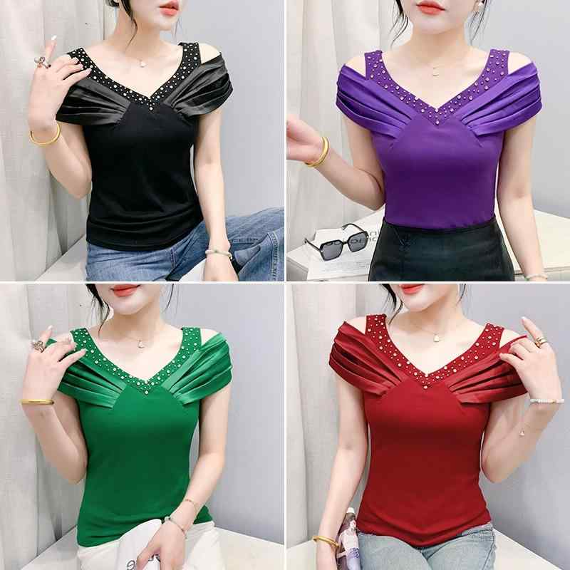 Tシャツ レディース 女性用 肩出し Vネック プリーツ トップス 夏服 セクシー 切り替え 半袖 修身 ダブルス 接触冷感 再生繊維 ロータス布 ニット セットアップ ブラック 紫色 ワインレッド グリーン スリムフィット プリンセススタイル カジュア