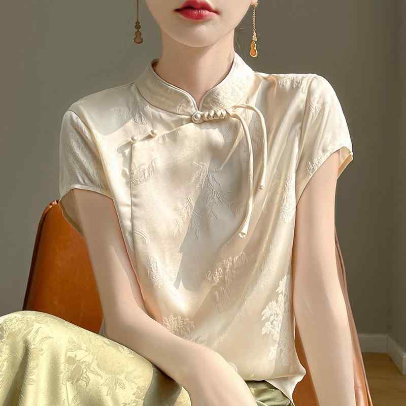 T シャツ 女性用 春夏 短袖 立領 盤ボタン 短丈 シルク調 光沢 切り替え 柄 接触冷感 再生繊維 暗花 純色 気質 通勤風 普段使い 伸縮性 軽量 白 ブルー ブラック シャンパン 紫 通勤 トップス インナー