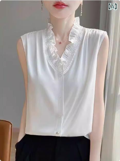 Vネック 無袖 シャツ トップス 女性用 気質 通勤 風 切り替え デザイン 心形 モチーフ 醋酸繊維 素材 光沢 感 柔らかい 肌触り ゆったり シルエット ソフト ホワイト カラー シャンパンゴールド ブラック 春夏 シーズン 吸湿 速乾 機能 ライ