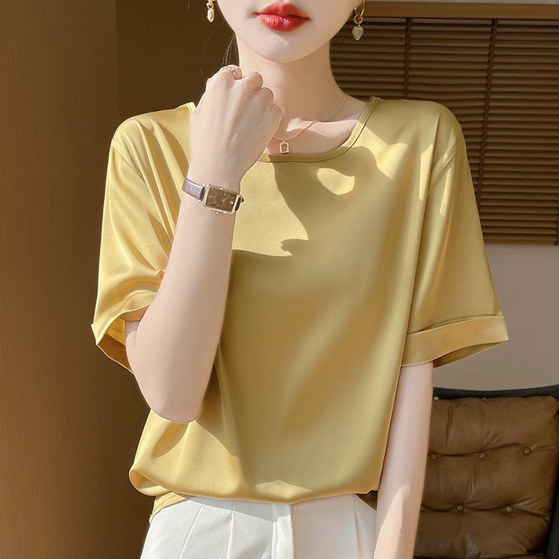Tシャツ 女性用 春夏 短袖 トップス 薄手 軽量 ポリエステル 純色 丸首 ゆったりシルエット 短丈 かわいい ピンク系 ベージュ系 ホワイト レッド イエロー グレー ブラック 日韓カジュアル 快適 普段使い