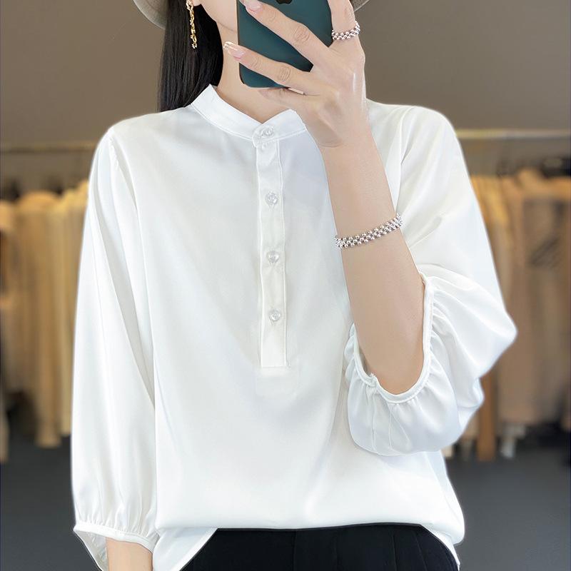 Tシャツ 女性用 春夏 通勤風 ラウンドネック 中袖 ゆったりシルエット 接触冷感 吸湿速乾 白色 香槟色 桜色 ピンク系 綿混 軽量 日常使い カジュアル トップス ブラウス 気質 シンプル デザイン