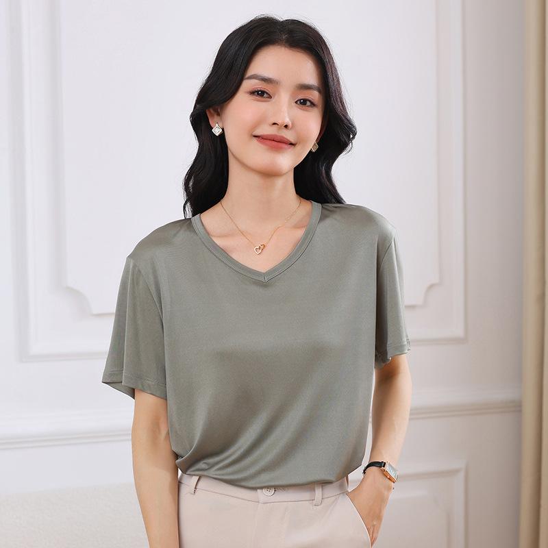 Tシャツ レディース Vネック 短袖 トップス 純色 綿 薄手 軽量 吸湿速乾 接触冷感 伸縮性 切り替え デザイン ブラック グレー ピンク ベージュ 通勤用 普段使い 春夏 秋 ウィンター 気質 スタイル ゆったり シルエット セットアップ 対応