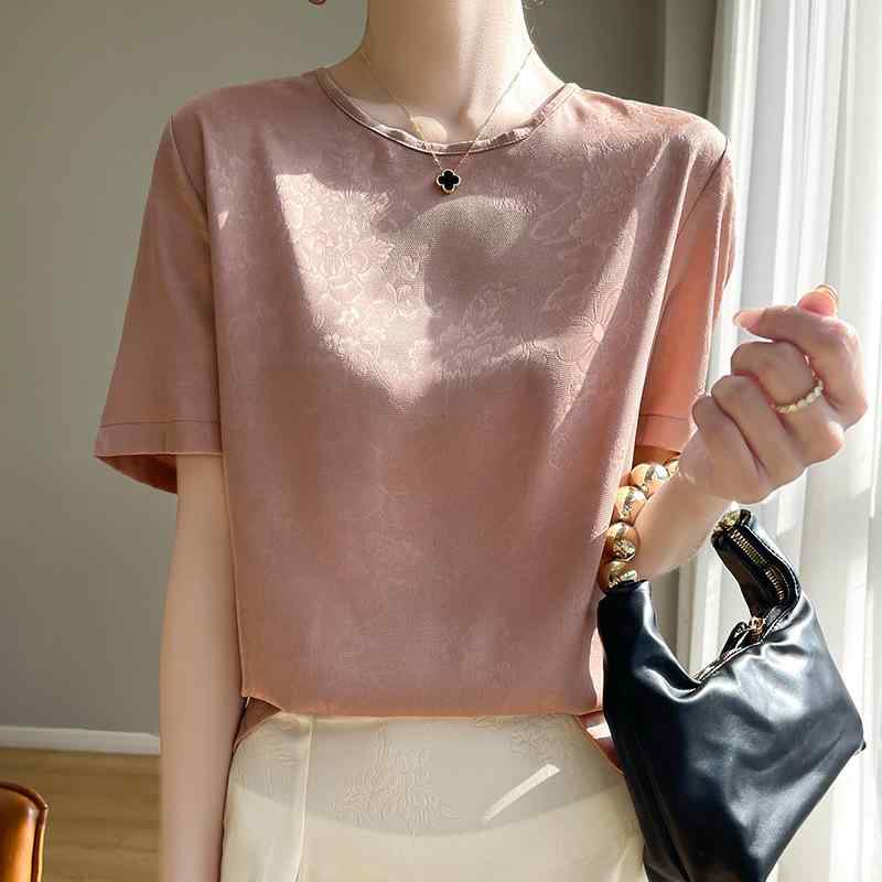 Tシャツ レディース 春夏 短袖 丸首 シルクサテン風 切り替え柄 大きいサイズ 通勤 気品 百搭 トップス 上品 綿混 醋酸繊維 軽量 伸縮性 アイボリー ベージュ ブラック グリーン カーキ