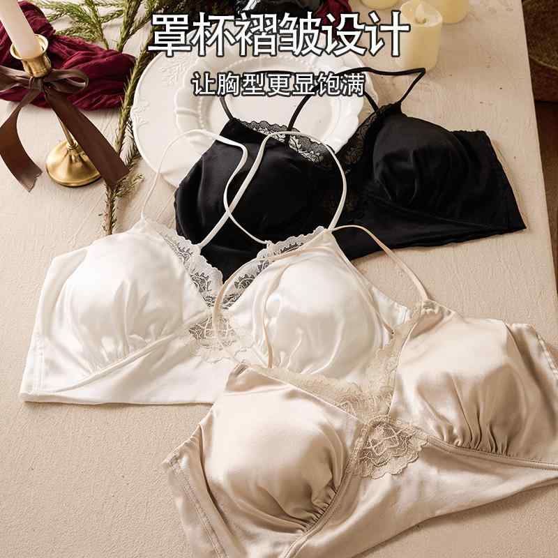 ブラ 女性用 真丝 吊り下げ セクシー バックレス 3/4カップ 薄型カップ 無鋼 無フック 取り外し肩紐 透気 快適 桑蚕丝 90% 白色 ブラック 香槟色 春季 豪華 高級感 シルクコットン