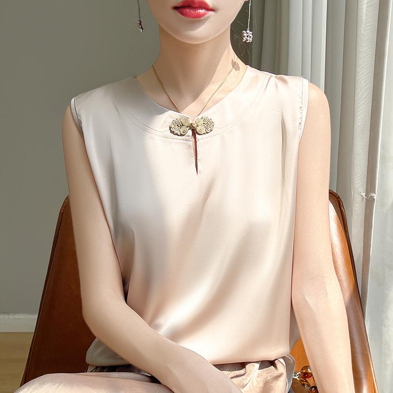 春夏 女性用 無袖 背心 トップス チャイナ風 綿サテン 生地 純色 丸首 盤ボタン ルーズフィット 無弾性 肩ストラップなし 部屋着 通勤用 かわいい クラシック ブラック ホワイト シャンパンカラー 吸湿速乾 軽量 伸縮性 再生繊維