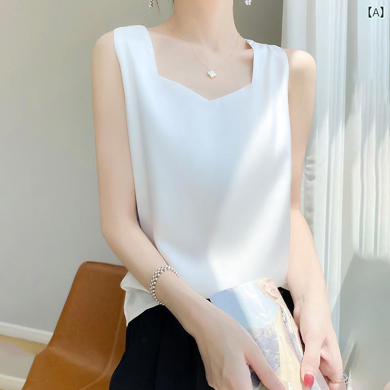 トップス レディース 吊り帯 キャミソール Vネック 光沢 光沢サテン 女性用 春夏 春 白色 豆蔻ブルー ブラック シャンパンカラー シルバーグレー 純色 修身 普通丈 気質 通勤 甘美 清新 イージー 無弾性 セットイン 不可脱着 アクセサリー イン
