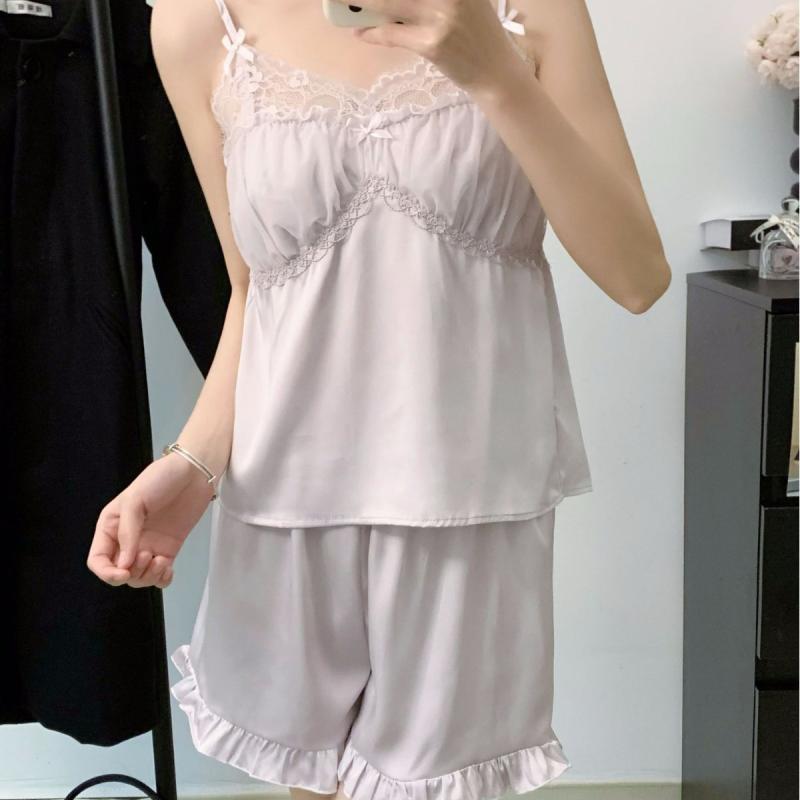 吊带 短パン ホームウェア レディース 薄手 接触冷感 ポリエステル 透気性 快適 かわいい ピンク パープル シャンパン ブルー 春夏 秋 ..