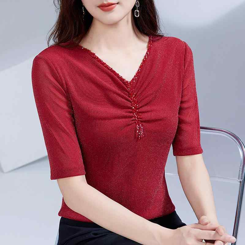 Tシャツ レディース 春夏 中袖 Vネック ヒョウ柄 切り替え 網纱 修身 気質 通勤 吸湿速乾 伸縮性 ブラック 紫色 赤 トップス インナー 普段使い 軽量 ハイネック ビッグシルエット