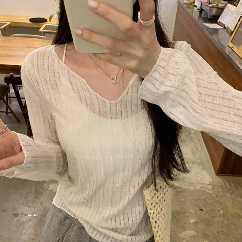 Tシャツ レディース 春夏 薄手 透け感 ワイドシルエット 韓国風 小Vネック 七分袖 ...