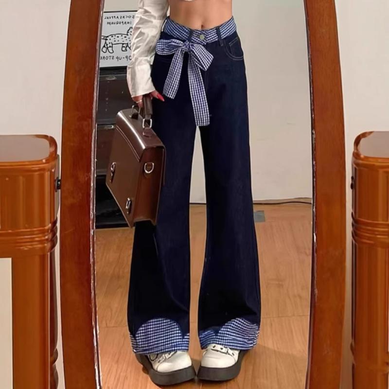乐天商城 - レディース デニムパンツ ワイドレッグ 高腰 直筒 長丈 切り替え リボン 結び紐 韓国風 復古 ストリート 深色 綿混 ポリエステル混 水洗加工 無弾性 春季 個性派 日常使い 通勤 ゆったりシルエット クラシックスタイル