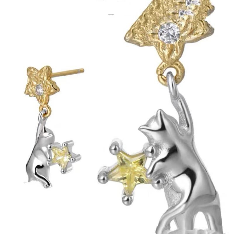 イヤリング 女性用 925銀 U字型 摘星 猫耳 デザイン クールトーン 耳飾り かわいい 植物モチーフ 花柄 銀メッキ加工 夏 カートゥーン スタイル 清新 甘め アクセサリー 軽量 シンプル ファッション ジュエリー 銀製 オリジナル トレンド