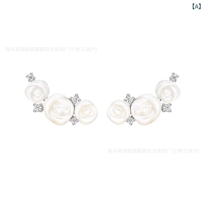 フラワーモチーフ 女性用 イヤリング ピアス ネックレス リング ブレスレット バングル 耳飾り アクセサリー セット 花卉デザイン バラモチーフ 白バラ リボン シルバーニードル 軽奢風 ファッション 通勤 かわいい 優雅 植物モチーフ 春夏 アクセサ