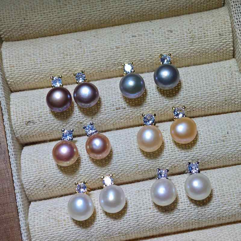 イヤリング 女性用 天然淡水真珠 耳钉 スタッドタイプ 8mm 9mm 扁圆 形状 シンプル スタイル ホワイト パウダー パープル グリーン グレー カラー 金色 銀色 フレーム ジルコニア 装飾 夏 季節 アクセサリー ジュエリー ギフト 対応