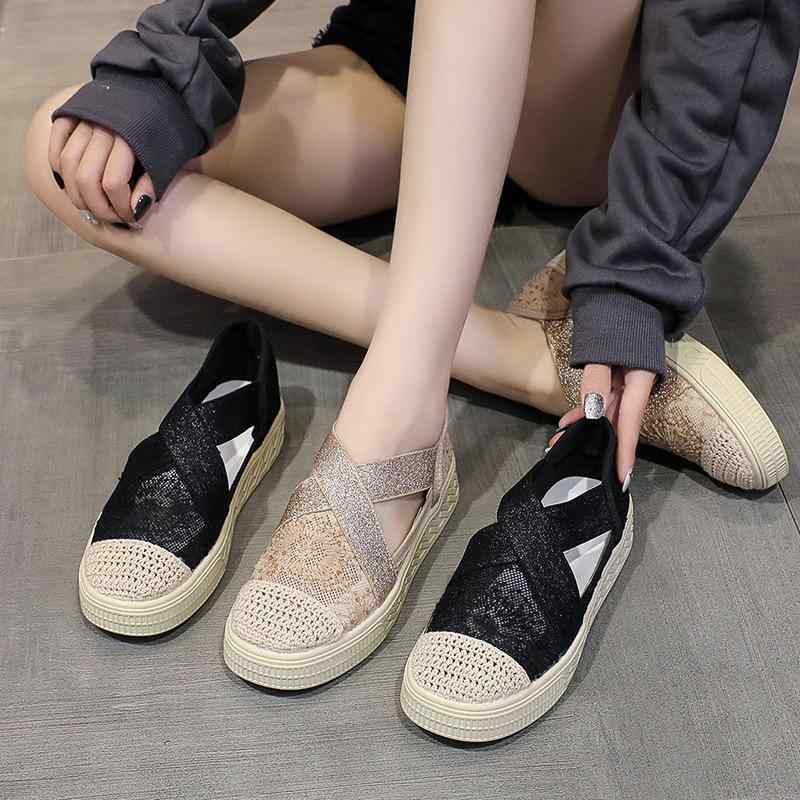 女性用 漁夫靴 フラットシューズ レディース 春夏 帆布 レース 網布 メッシュ 通気性 EVAソール 低筒 杏色 ブラック かわいい 軽量 伸縮性 普段使い カジュアル 刺繍 普通厚 妊婦対応 低幫 無紐 ユニセックス