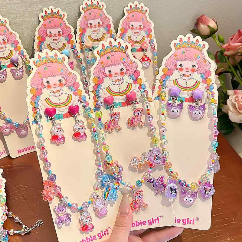 子供 女の子 耳飾り アクセサリー 耳クリップ 耳環 ネックレス セット かわいい 彩色 プリンセス シリーズ バタフライ ラビット ベア スワン アイスクリーム ユニコーン ストロベリー フラワー ボウ リボン キノコ コーン ポニー キャンディ ハー