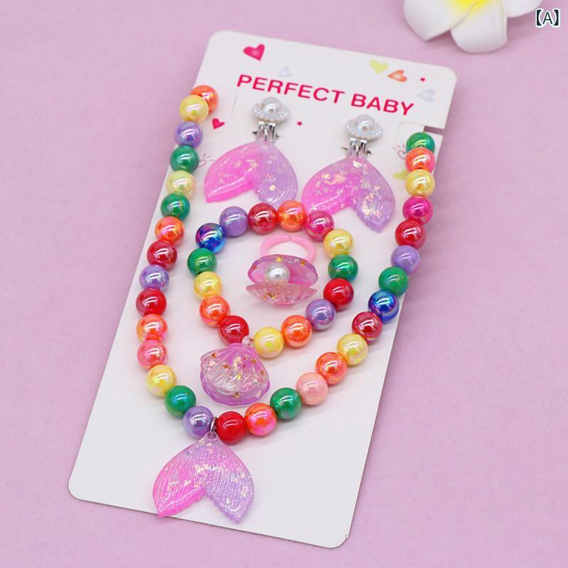 Girls' Jewelry Set, Baby & Child Size, Necklace, Ring, Earrings Set, Seashell, Mermaid Tail Motif, Resin Material, Eco-Friendly, Cute Princess Series, Unicorn Design, Rose Pink, Blue, Yellow Color Variations