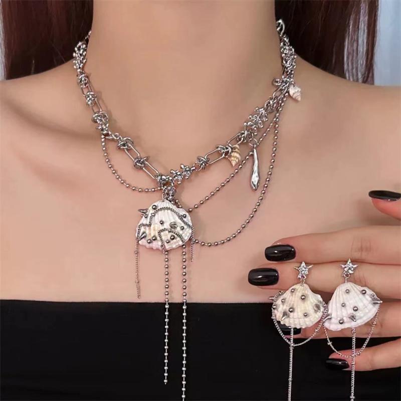 ネックレス 女性用 夏用 貝殻 流蘇 鎖骨チェーン チョーカー 幾何学 ミックスストーン インセット 耳環 セット 合金 電気メッキ加工 甘めクール 個性派 アクセサリー シルバー調 軽量 調整可能 41cm-50cm アクセサリー