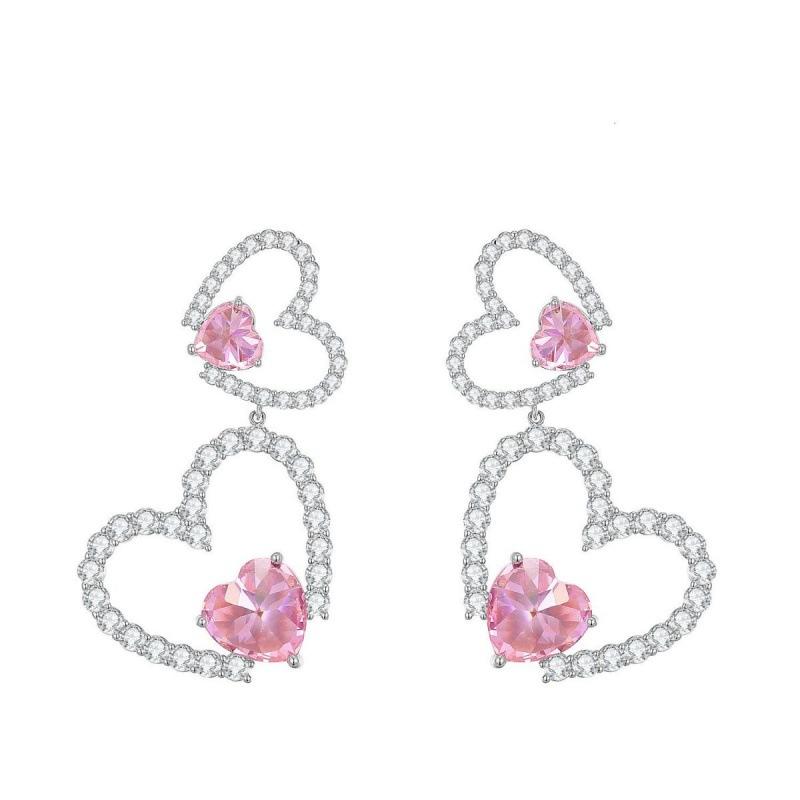イヤリング 女性用 ピンク ハート ダブル デザイン 軽量 銀メッキ加工 水晶 花 蝶 ...