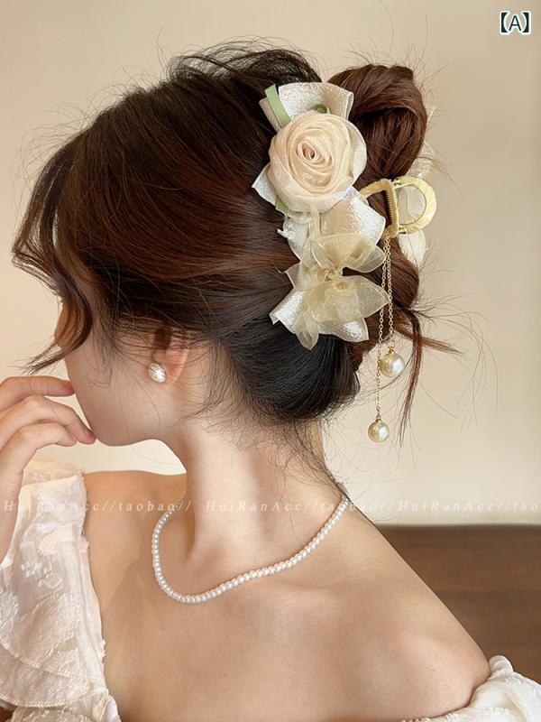 ヘアクリップ 女性用 夏 かわいい ローズ 流蘇 デザイン 布製 大型 後頭部 固定 ピン アクセサリー クリア スイート スタイル 韓国風 ヘアアレンジ アイテム 軽量 ハンドメイド 加工 人気 ヘアピン バナト クラシック 気品 フレッシュ モダン