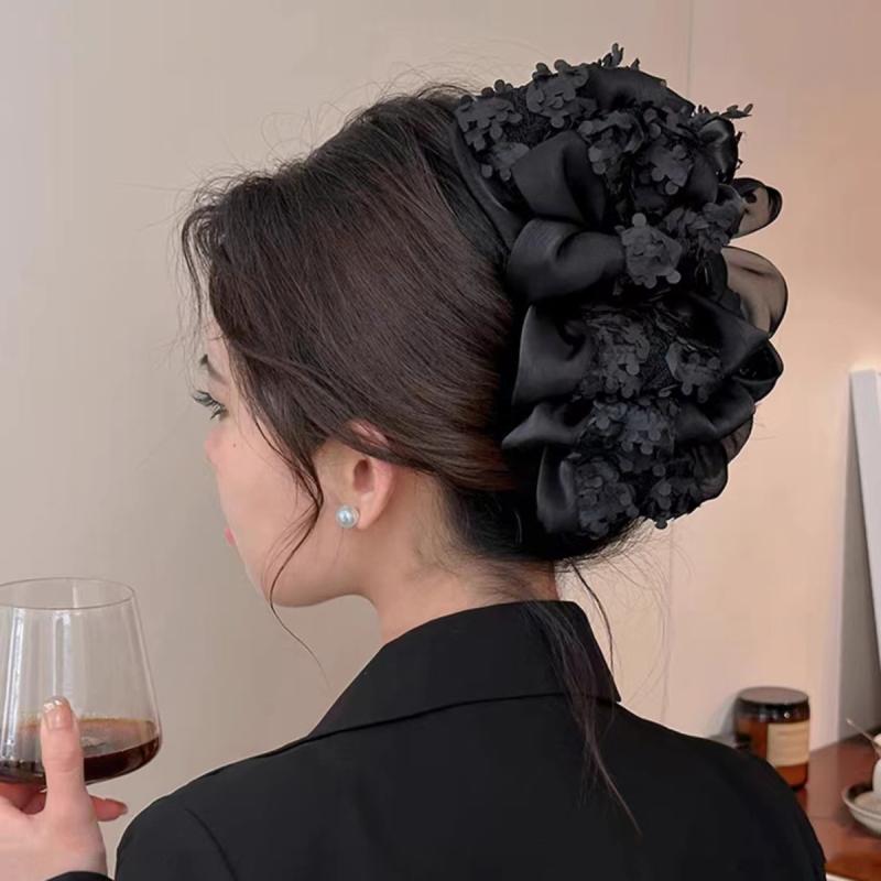ヘアクリップ 女性用 後頭部 大型 グラブクリップ 多層 バタフライボウ レース 泡泡 シャーククリップ ブラック 杏色 接触冷感 再生繊維 軽量 伸縮性 ハンドメイド 韓風 かわいい 甘い フレッシュ ヘアアクセサリー 日常使い ヘアアレンジ(4.0)